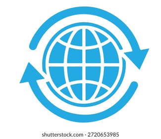Un icono de globo azul con flechas circulares sobre un fondo blanco