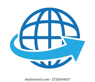 Un icono de globo azul con flechas circulares sobre un fondo blanco