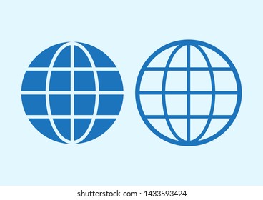 Blue globe icon, flat and outline design. Vector illustration