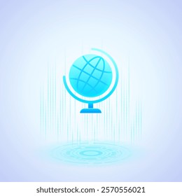 A blue globe icon with latitude and longitude lines, encased in a semi-circular stand, representing global connectivity and international reach