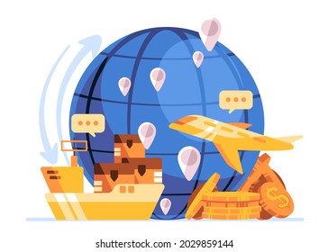 blue globe with icon of shipping, plane, dollar currency, global trading between countries make the war of tariff trade