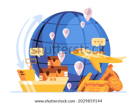 blue globe with icon of shipping, plane, dollar currency, global trading between countries make the war of tariff trade