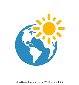 Blue Globe icon with yellow Sun. Global warming or climate change concept. Globe icon. Vector illustration