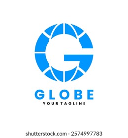 Blue globe illustration design. Globe and letter G combination logo. Initial G vector