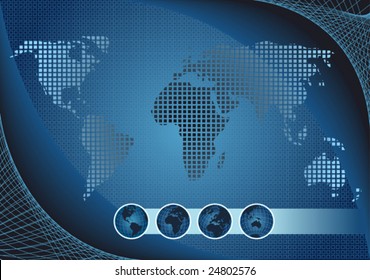 Blue globe kit and map, vector background.
