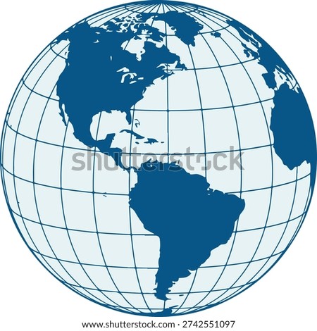 Blue globe map, circular earth icon, world grid lines