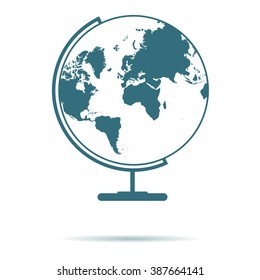 Blue Globe map icon isolated on background. Modern simple flat earth sign. Fly, internet concept. Trendy travel vector worldwide symbol for web site design or button to mobile app. Logo illustration.