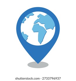 Blue globe map pin icon symbolizes global connectivity and travel