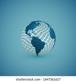 Esfera de mapa del globo azul con patrón global blanco, ilustración vectorial