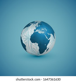 Blue globe map sphere with white global pattern, vector illustration