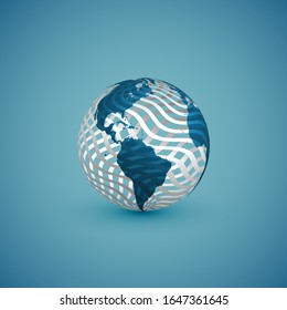 Blue globe map sphere with white global pattern, vector illustration