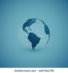 Blue globe map sphere with white global pattern, vector illustration