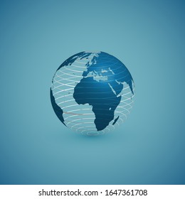 Blue globe map sphere with white global pattern, vector illustration