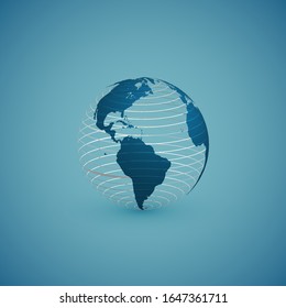 Esfera de mapa del globo azul con patrón global blanco, ilustración vectorial