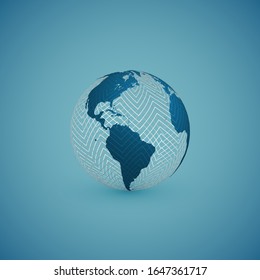 Esfera de mapa del globo azul con patrón global blanco, ilustración vectorial