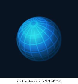 Blue Globe Network Icon on Dark Background. Vector