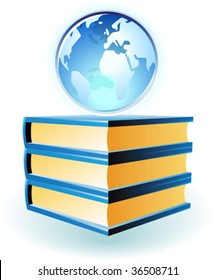 Blue globe on books. Vector illustration.