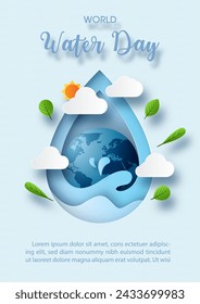 The blue globe on giant water droplet and wave water shape in paper cut style with environment decorated and wording of World water day, example texts on light blue paper pattern background.