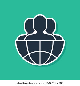Blue Globe and people icon isolated on green background. Global business symbol. Social network icon.  Vector Illustration