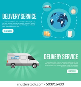 Blue globe with routes on blue background. White delivery truck on green background. Delivery service website templates, vector illustration. Global transportation. Logistic concept