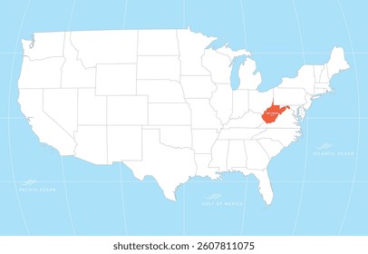 Blue globe showing West Virginia on detailed USA political map