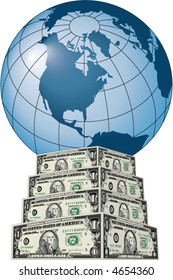 A blue globe sits atop a pedestal of dollar bills