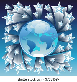 Blue globe and stars. Vector illustration.