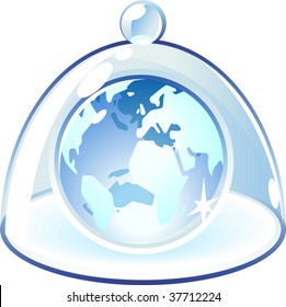 Blue globe under bell-glass. Vector illustration.