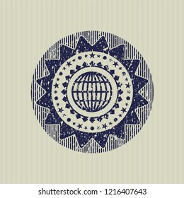 Blue globe, website icon inside distressed grunge style stamp