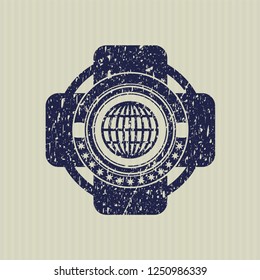 Blue globe, website icon inside distress grunge style stamp