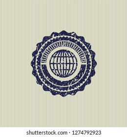 Blue globe, website icon inside rubber seal