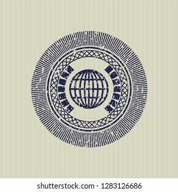 Blue globe, website icon inside rubber grunge seal