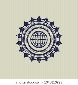 Blue globe, website icon inside rubber seal with grunge texture