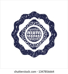 Blue globe, website icon inside distressed rubber stamp with grunge texture