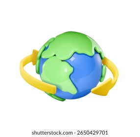 Blue globe with yellow arrow vector. Around the world. Travel symbol. Recycling icon isolated. Planet earth travelling. tourism