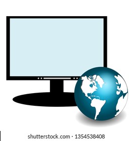 
Blue globes placed on the tabletop near the computer, vector images