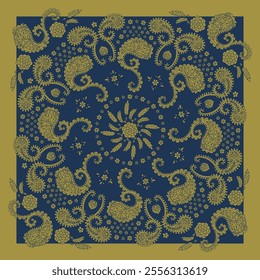 Blue and glod scarf or bandana design with paisley mandala pattern and floral elements. Ethnic carpet design