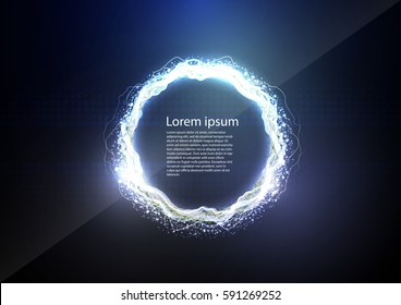Blue gloss Party Poster abstract layout with a circle, surrounded by flickering flare particle luxurious pattern. Vector illustration. Wavy transparent circles