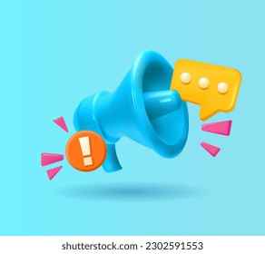 blue glossy 3D cartoon style  megaphone speaker social media, content elements and message bubbles with loudspeaker. for announce banner. Important notice information 3d icons