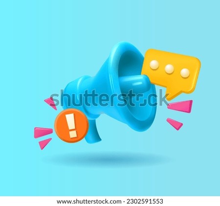 blue glossy 3D cartoon style  megaphone speaker social media, content elements and message bubbles with loudspeaker. for announce banner. Important notice information 3d icons