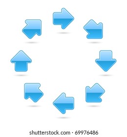 Blue glossy arrow icon web 2.0 button with shadow on white background