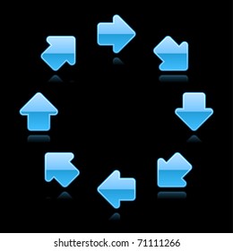 Blue glossy arrow icon web 2.0 button. Color shapes with color reflection on black