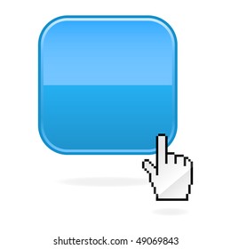 Blue glossy blank rounded squares button and cursor hand with shadow on white