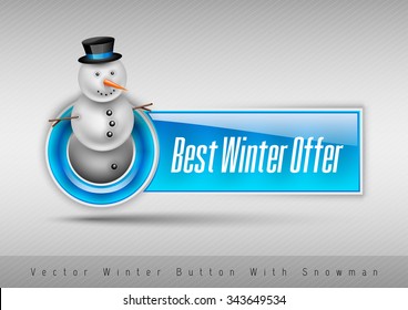 Blue glossy button Best winter offer with cute snowman. Winter vector design elements.