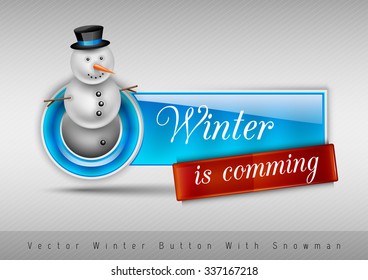 Blue glossy button with cute snowman. Winter vector design elements.