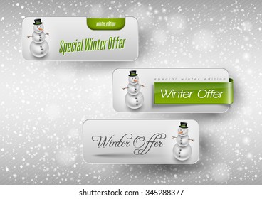 Blue glossy button with cute snowman. Winter vector design elements.
