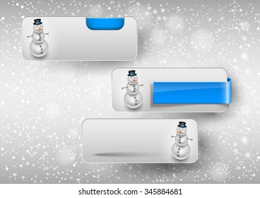 Blue glossy button with cute snowman. Winter vector design elements.