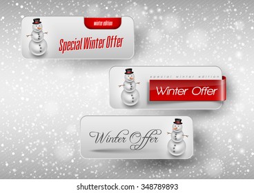 Blue glossy button with cute snowman. Winter vector design elements.