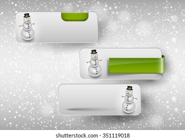 Blue glossy button with cute snowman. Winter vector design elements.