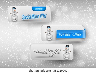 Blue glossy button with cute snowman. Winter vector design elements.